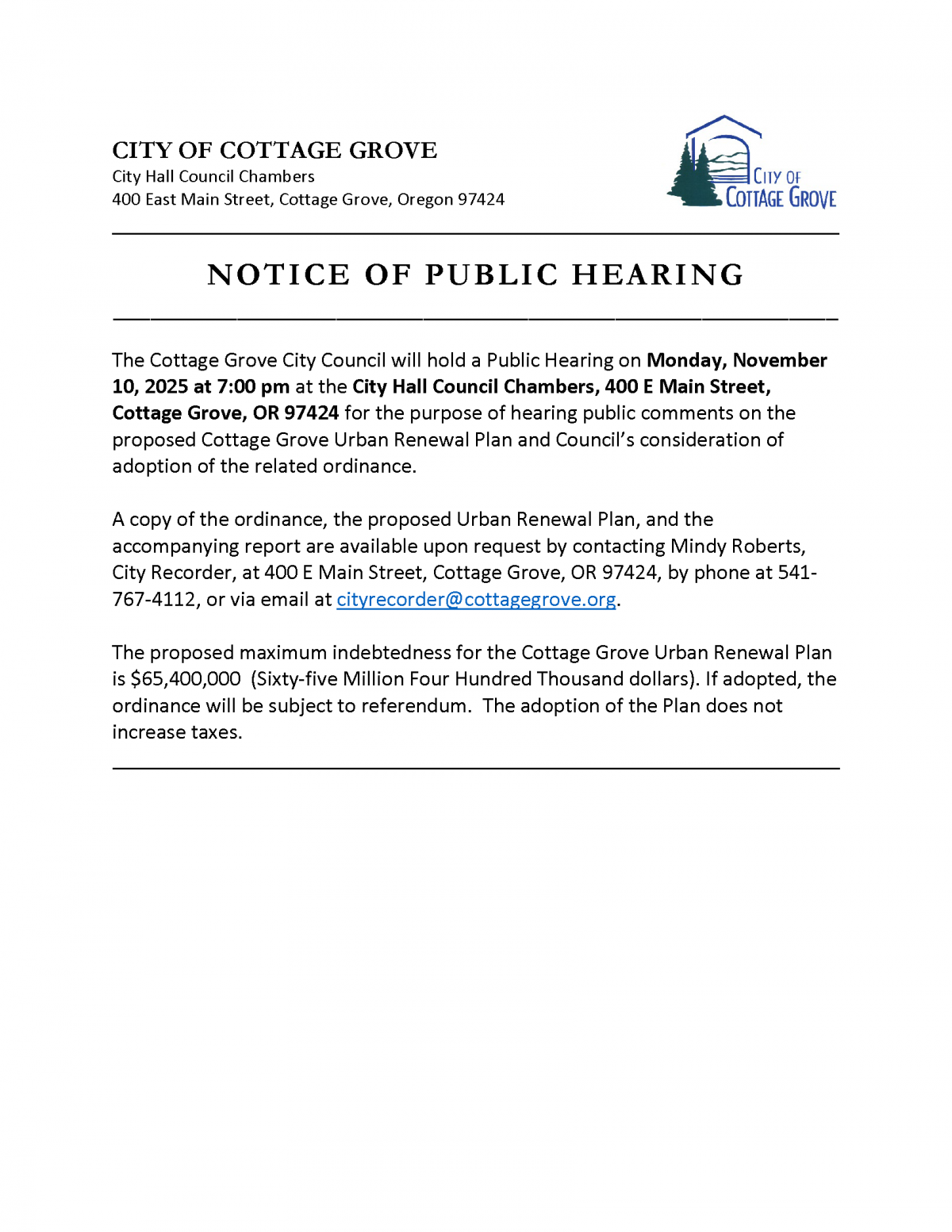 November 10, 2025 Public Hearing Notice Public Hearing Notice