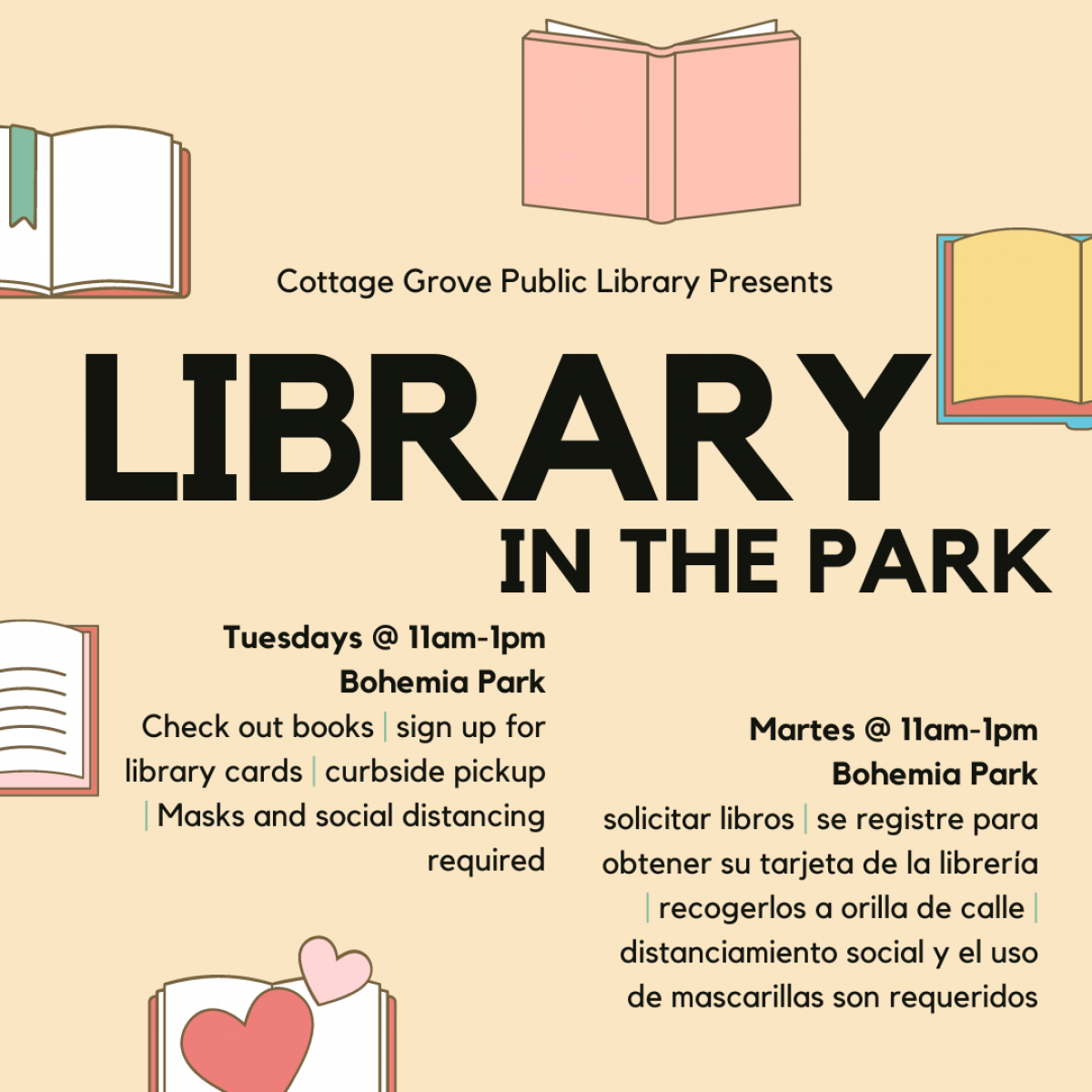 Library in the Park - Tuesdays in Bohemia Park from 11:00 am to 1:00 pm - starting April 6, 2021