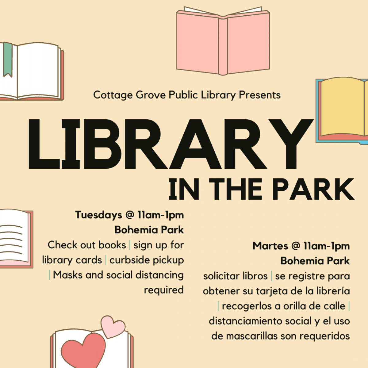 Library in the Park Library in the Park - Tuesdays in Bohemia Park from 11:00 am to 1:00 pm - starting April 6, 2021