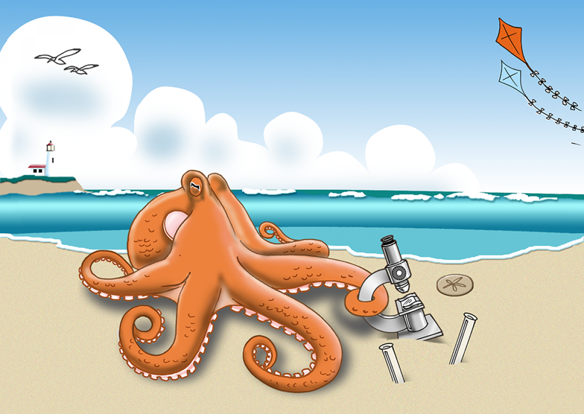 octopus holding a microscope with its tentacle