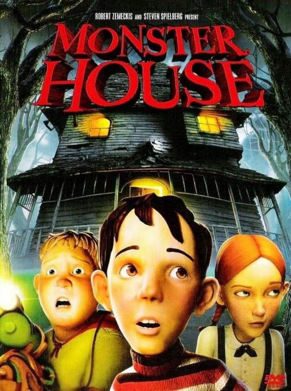 Monster House poster: three children looking fearful and standing in front of an older house with a sinister facade