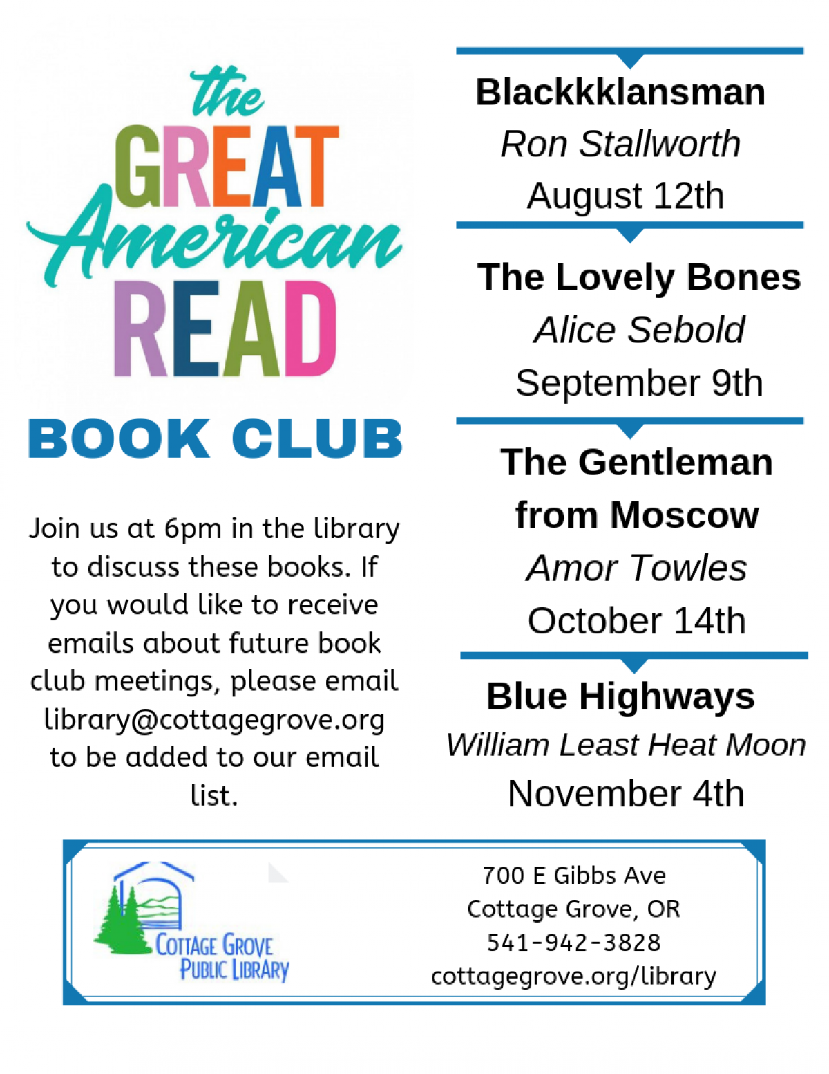 Book club picks: August 12th - Blackkklansman, September 9th - The Lovely Bones, October 14th - The Gentleman From Moscow